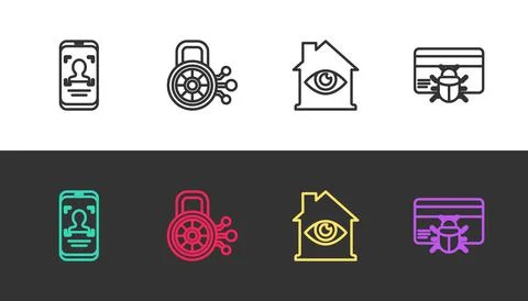 Set line Mobile and face recognition, Cyber security, House with eye scan and Stock Illustration