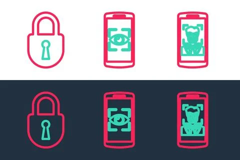 Set line Mobile and face recognition, Lock and eye scan icon. Vector Stock Illustration