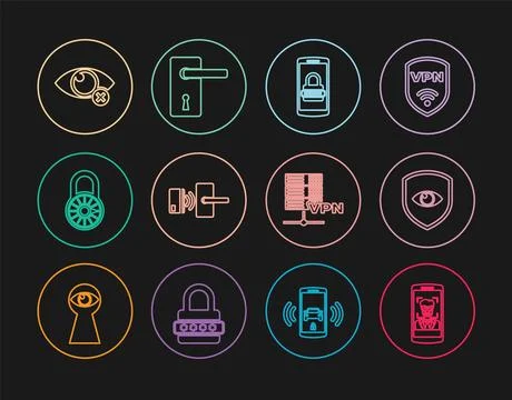 Set line Mobile and face recognition, Shield eye, password, Digital door lo.. Illustration