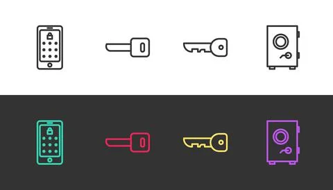Set line Mobile and graphic password, Key, and Safe on black and white. Vector イラスト素材