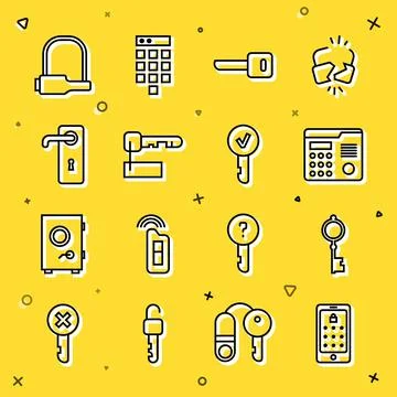 Set line Mobile and graphic password, Old key, House intercom system, Key Stock Illustration