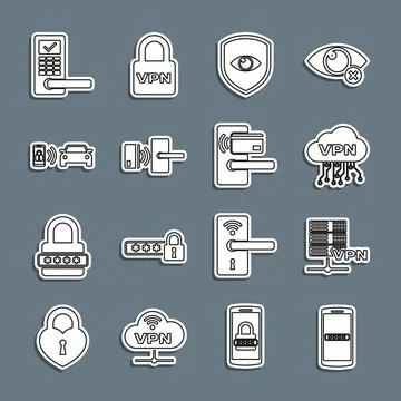 Set line Mobile and password, Server VPN, Cloud interface, Shield eye, Digital Stock Illustration