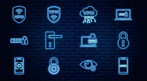 Set line Mobile and password, Lock, Cloud VPN interface, Door handle, Password Stock Illustration