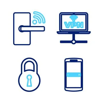 Set line Mobile and password, Lock, VPN Computer network and Digital door lock Stock Illustration