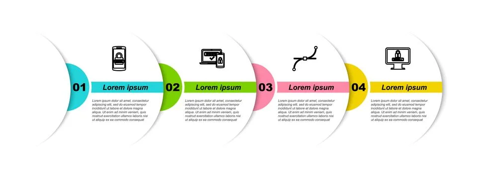 Set line Mobile and password, Two steps authentication, Bezier curve and Monitor Stock Illustration