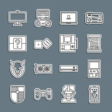 Set line Mobile and playing in game, Retro arcade machine, Game guide, Laptop Stock Illustration
