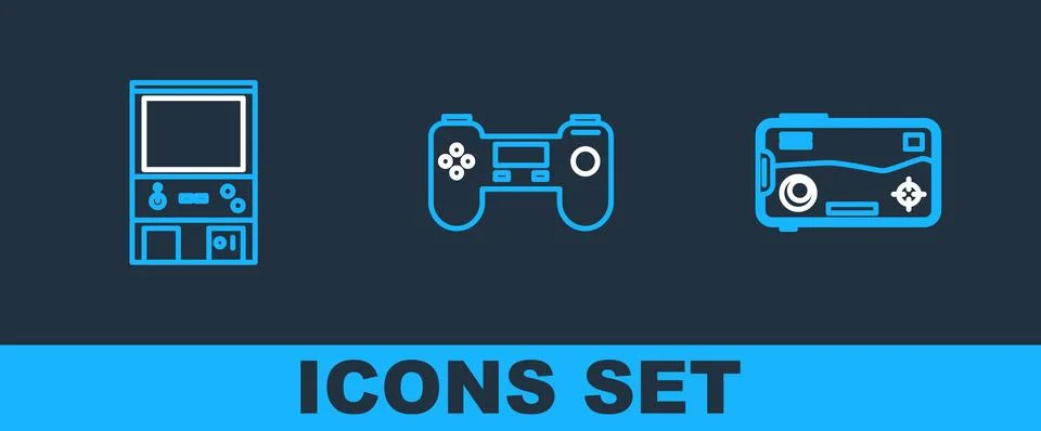 Set line Mobile and playing in game, Retro arcade machine and Gamepad icon... 스톡 일러스트