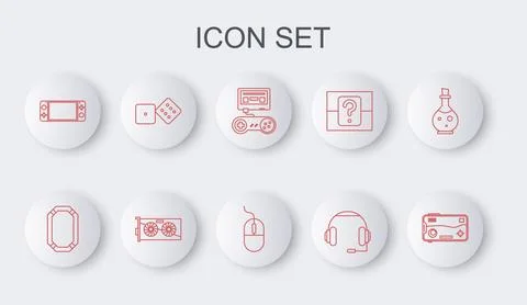 Set line Mobile and playing in game, Poker table, Game console with joystic.. Stock Illustration