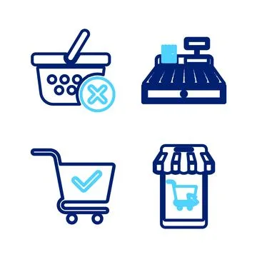 Set line Mobile and shopping cart, Shopping with check mark, Cash register .. Stock Illustration