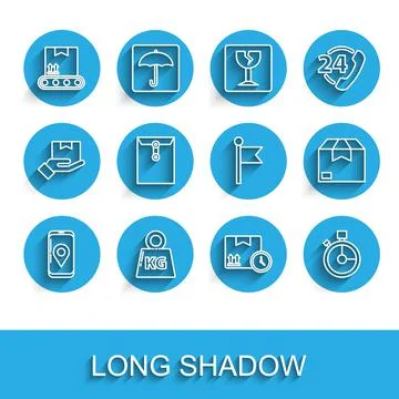 Set line Mobile with app delivery tracking, Weight, Conveyor belt cardboard box Illustrazione stock