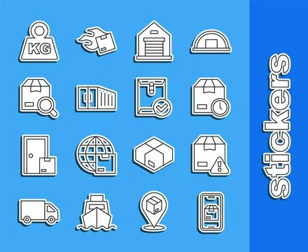 Set line Mobile app delivery tracking, Delivery security with shield, Cardboa Illustrazione stock