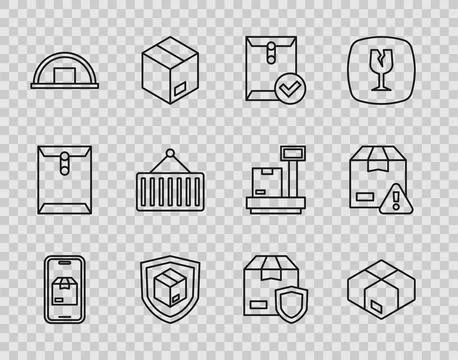 Set line Mobile app delivery tracking, Carton cardboard box, Envelope and check Stock Illustration