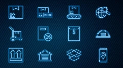 Set line Mobile with app delivery tracking, Hangar, Conveyor belt cardboard box Stock Illustration