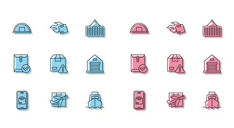 Set line Mobile app delivery tracking, Plane and cardboard box, Warehouse, .. Stock Illustration