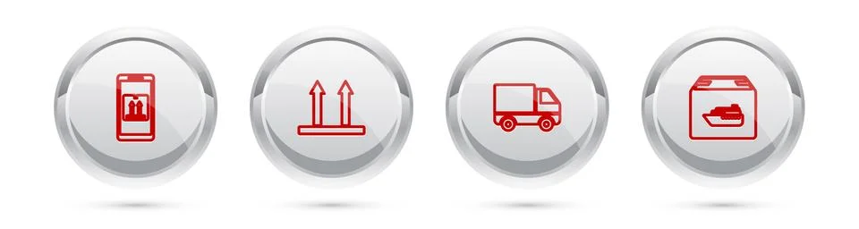 Set line Mobile with app tracking, This side up, Delivery cargo truck vehicle Illustration