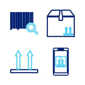 Set line Mobile with app tracking, This side up, Cardboard box traffic and Ilustração Stock