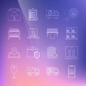 Set line Mobile with app tracking, Cardboard box traffic, boxes on pallet Stock Illustration
