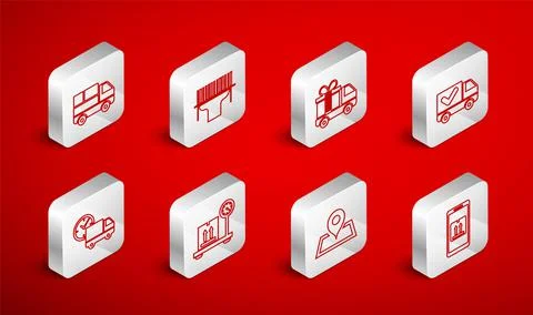 Set line Mobile with app tracking, Scanner scanning bar code, Delivery truck  Illustrazione stock