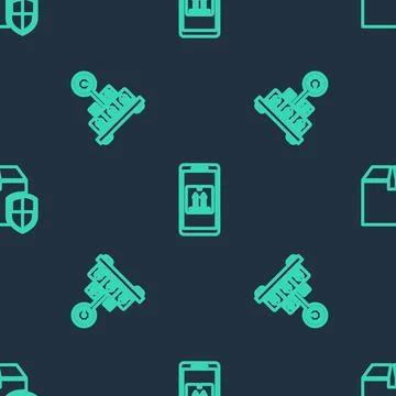 Set line Mobile with app tracking, Scale cardboard box and Delivery security  스톡 일러스트