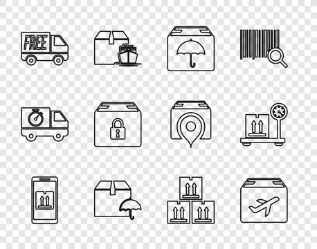 Set line Mobile with app tracking, Plane and cardboard box, Delivery packag.. 库存插图
