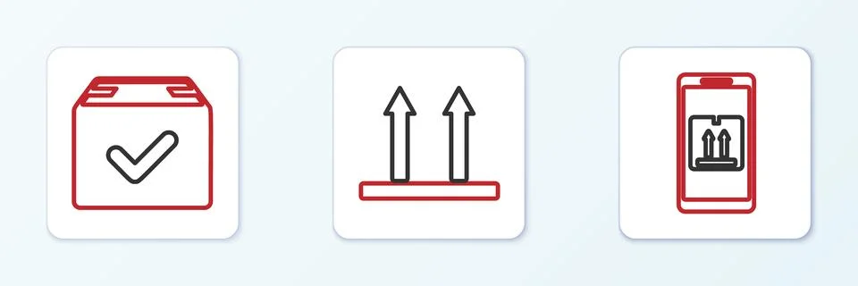 Set line Mobile with app tracking, Package box check mark and This side up .. Stock Illustration