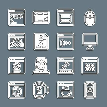 Set line Mobile Apps, Binary code, Computer monitor screen, Search engine, .. 스톡 일러스트