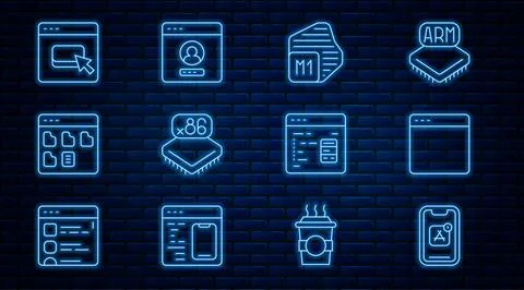 Set line Mobile Apps, Browser window, Processor, with microcircuits CPU, files Stock Illustration