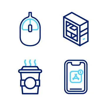Set line Mobile Apps, Coffee cup to go, Computer and mouse icon. Vector イラスト素材