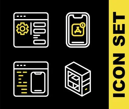 Set line Mobile Apps, Computer, Software and Browser setting icon. Vector Illustrazione stock