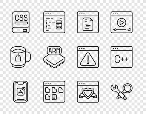 Set line Mobile Apps, Debugging, Software, Browser files, Books about Stock Illustration