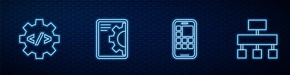 Set line Mobile Apps, Front end development, Web and Site map. Glowing neon icon Stock Illustration