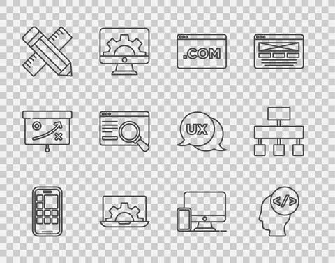 Set line Mobile Apps, Front end development, UI or UX design, Web, Crossed ruler イラスト素材