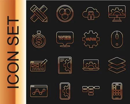 Set line Mobile Apps, Layers, Computer mouse, Cloud computing lock, Web and g 스톡 일러스트
