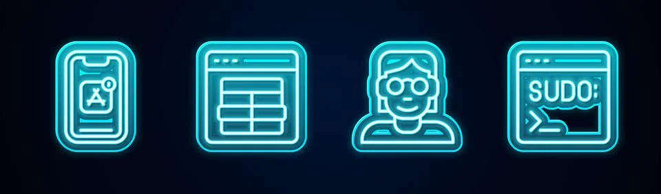 Set line Mobile Apps, MySQL code, Hacker or coder and Code terminal. Glowing Stock Illustration