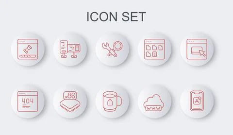 Set line Mobile Apps, Page with a 404 error, Debugging, Web development, Loading Stock-Illustration