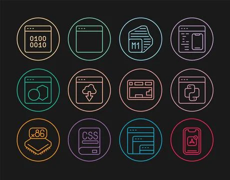 Set line Mobile Apps, Python programming language, Processor, Cloud technol.. Illustration