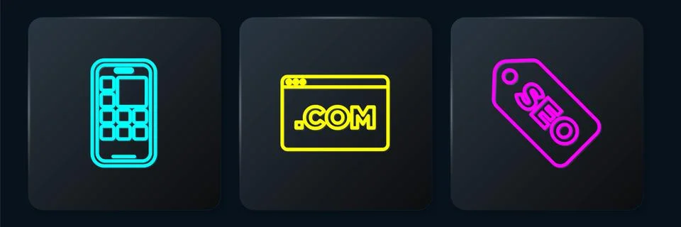 Set line Mobile Apps, SEO optimization and UI or UX design. Black square button Stock Illustration