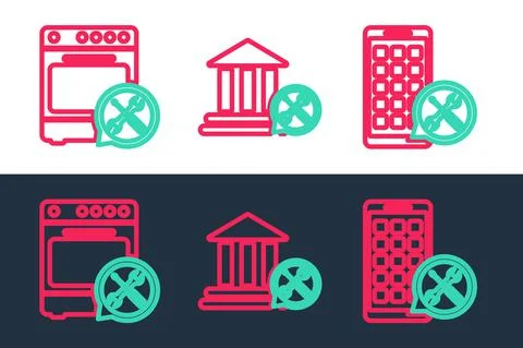 Set line Mobile Apps service, Oven and Bank building icon. Vector Ilustración de archivo