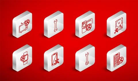 Set line Mobile Apps service, Wrench, Video camera, Hard disk drive, Tv, Smar Stock Illustration