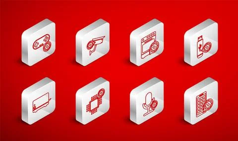 Set line Mobile Apps setting, Security camera, Oven, USB flash drive, Microphone Stock Illustration