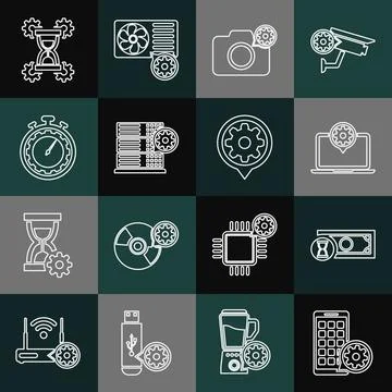 Set line Mobile Apps setting, Fast payments, Laptop, Photo camera, Server, Time Stock Illustration
