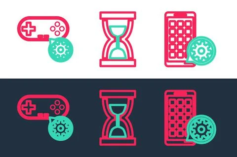 Set line Mobile Apps setting, Gamepad and Old hourglass with sand icon. Vector 스톡 일러스트