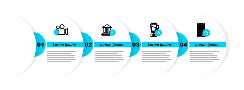 Set line Mobile Apps setting, Blender with bowl, Bank building and Video camera Ilustración de archivo