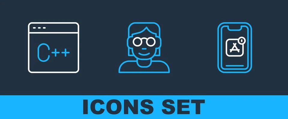 Set line Mobile Apps, Software and Hacker or coder icon. Vector Stock Illustration