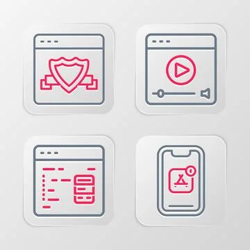 Set line Mobile Apps, Software, Online play video and Browser with shield i.. Stock Illustration