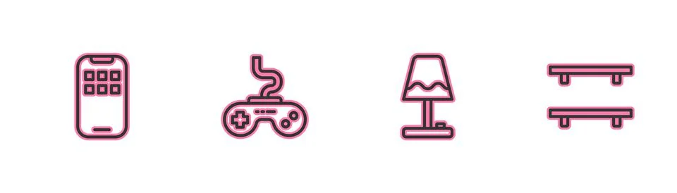 Set line Mobile Apps, Table lamp, Gamepad and Empty wooden shelves icon. Vect Illustrazione stock