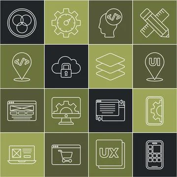 Set line Mobile Apps, Web development, UI or UX design, Front end, Cloud Stock Illustration