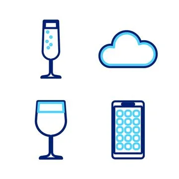 Set line Mobile Apps, Wine glass, Cloud and Glass of champagne icon. Vector 스톡 일러스트