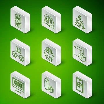 Set line Mobile with art store app, NFT Digital crypto, Video graphic card 库存插图