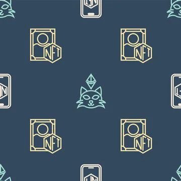Set line Mobile with art store app, NFT Digital crypto and on seamless pattern Illustrazione stock